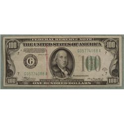 1934 A F9 $100 US w/ Red Bank Stamp Nice Condition