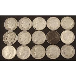 15 Diff Date Roosevelt Silver Dimes 1946-64 -Nice Set
