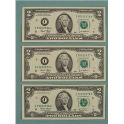 3) 2003 Consec # $2 Notes Two Dollar Bills I Mint MN CU