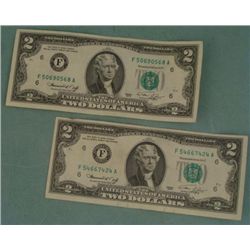 2) 1976 $2 Dollar Bills Notes "F" Mint Mark UNC Atlanta