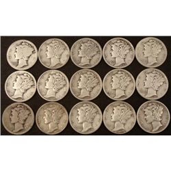 15 Different Date Mercury Silver Dimes 1917-1945