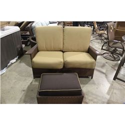 BROWN RATAN SQUARE BACK LOVE SEAT WITH OTTOMAN