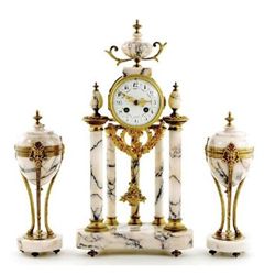 French Marble and Ormolu Portico Clock Garniture circa 1880
