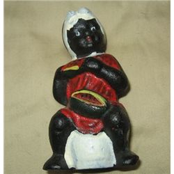 MWF1468 Vintage Black Americana Iron Bank, girl with watermelon