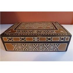 Exquisitely detailed INLAID Mother of Pearl JEWELRY BOX with Red velvet lined in