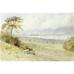 Joseph William Carey RUA (1859-1937) - GOLF LINKS, HOLYWOOD WITH VIEW OF TITANIC AND BELFAST DOCKS, 
