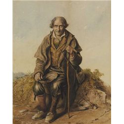 Robert Richard Scanlan (1881-1876) - MAN SEATED ON A ROADSIDE WITH CANE AND BEGGING CAP, 1855