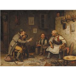 Septimus Dawson (1851-1914) - COBBLER HOLDING 'THE FREEMAN'S JOURNAL' WITH TRAVELLER AND YOUNG APPRE