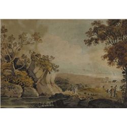 John Henry Campbell (1757-1828) - FIGURES ON A PATH WITH CASTLE, BUILDINGS AND MOUNTAIN IN THE DISTA