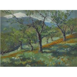 Edith Oenone Somerville (1858-1949) - HILLSIDE LANDSCAPE WITH SNOW CAPPED MOUNTAINS BEYOND