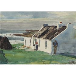 Micheál de Burca RHA (1913-1985) - WOMAN FEEDING CHICKENS, MAN LEANING AGAINST COTTAGE WALL WITH TUR
