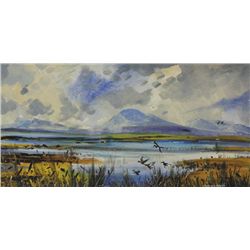 Kenneth Webb RWA FRSA RUA (b.1927) - FLIGHT OF WILD DUCKS OVER A MARSH