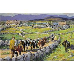James S. Brohan (b.1952) - FARMER AND CHILD HERDING CATTLE, CONNEMARA
