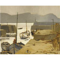 Desmond Turner HRUA (b.1923) - FISHERMEN AND BOATS IN A HARBOUR