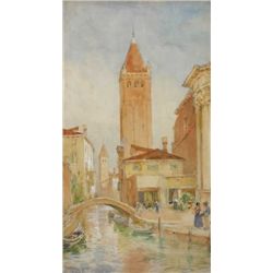 William Bingham McGuinness RHA (1849-1928) - VIEW OF A CANAL WITH THE CAMPANILE DI SAN MARCO, VENICE