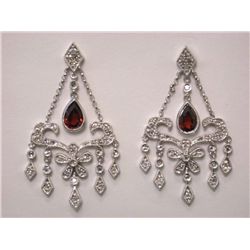 14k White Gold Earrings with Diamonds and Garnet
