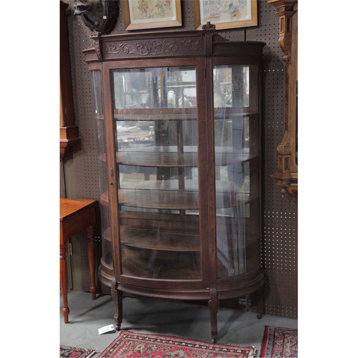 China Cabinet Oak Having A Foliate Carved Crest Curved Glass