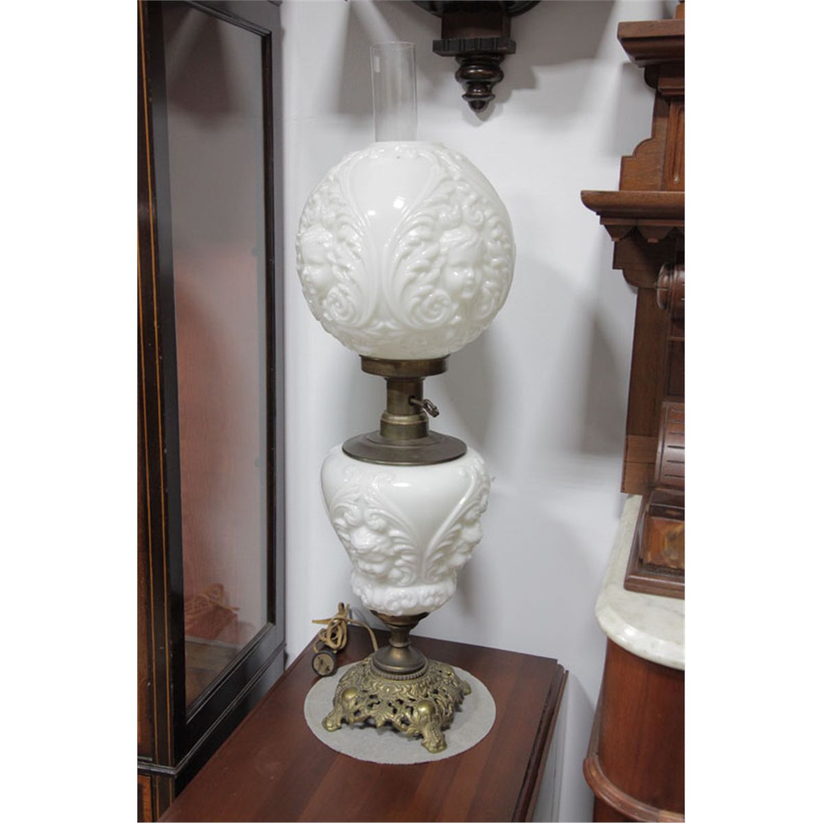 GONE WITH THE WIND LAMP. Open work brass base with cherub embossed milk