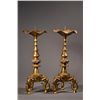 Image 1 : Pair Chinese Brass Candle Tripod Lion Stand Lotus