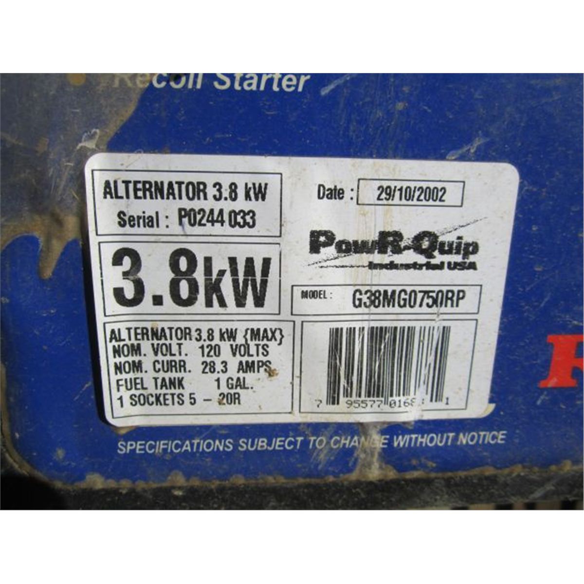 PowrQuip 7.5 Hp 3,800 Watt Generator