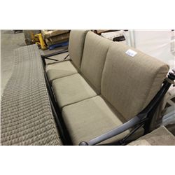 BEIGE CUSHION 3 SEAT METAL BENCH AND END TABLE