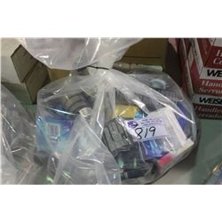 BAG OF ASSORTED CLEANING PRODUCTS AND SHAVERS