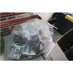 BAG OF ASSORTED CLEANING PRODUCTS AND SHAVERS