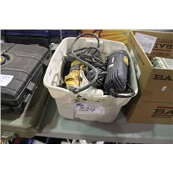 BIN OF ANGLE GRINDERS AND BOX OF CAR AUDIO