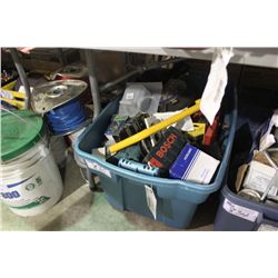 LARGE BIN OF MISCELLANOUS ELECTRICAL AND TOOLS