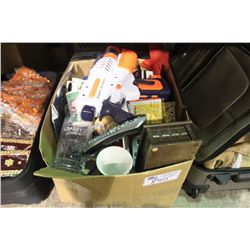 BOX AND SUITCASE OF MISCELLANEOUS HOUSEHOLD ITEMS