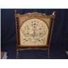 Image 1 : antique oak barley twist fire screen with needlework peacock scene, shows minor wear to bottom SSR
