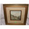 Image 1 : signed small oil painting of cabin and mountain, signed  frame 13 1/4 x 13 1/4 art 5 1/2 x 5 1/2