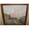 Image 2 : signed small oil painting of cabin and mountain, signed  frame 13 1/4 x 13 1/4 art 5 1/2 x 5 1/2