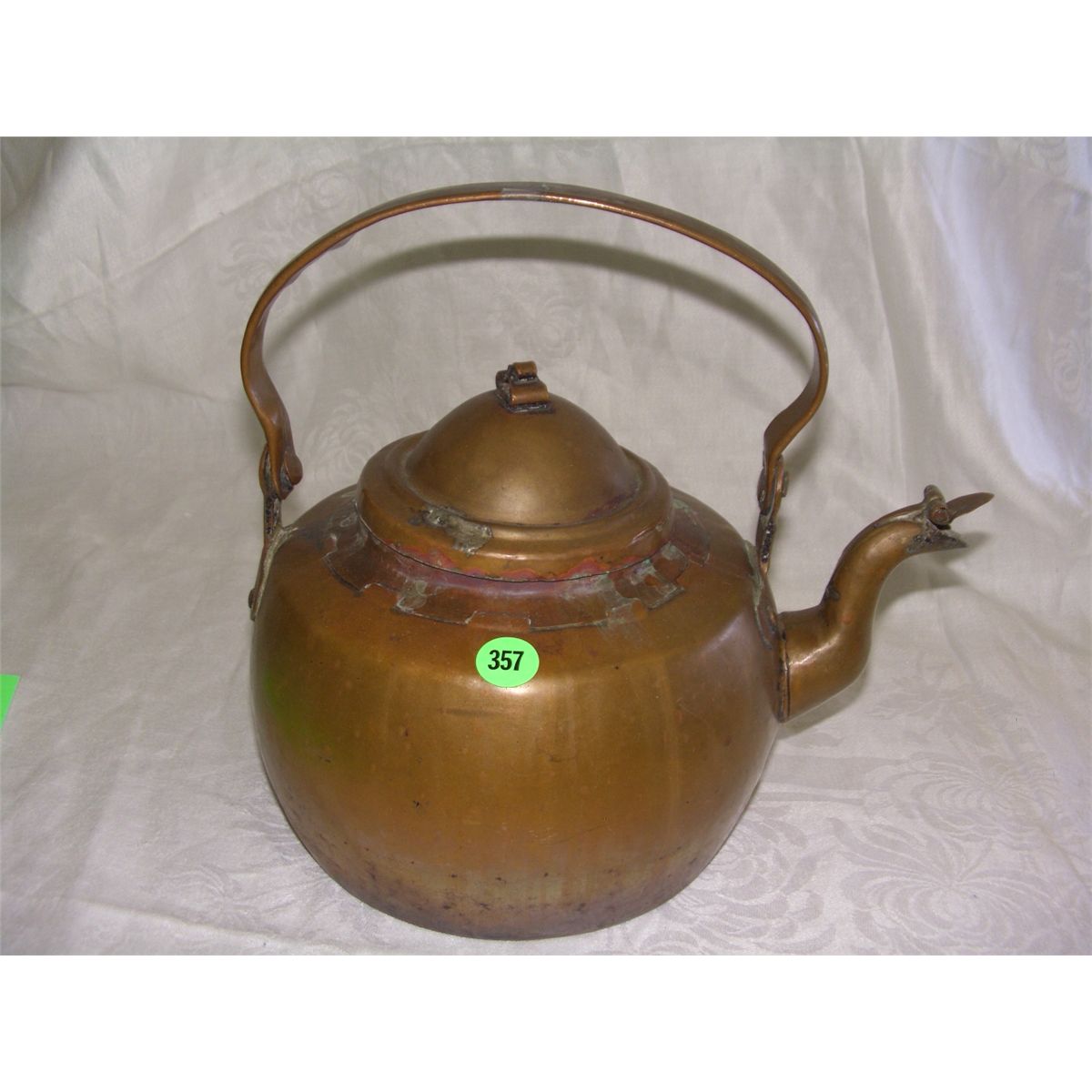 antique copper tea kettle with cover spout,