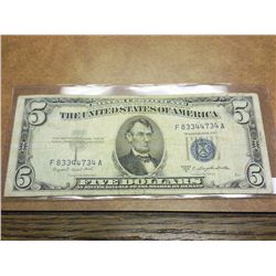 1953-B FIVE DOLLAR SILVER CERTIFICATE BLUE SEAL