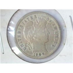 1908 BARBER DIME (VERY FINE)