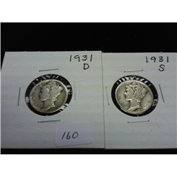 1931-D/S MERCURY DIMES, 2 COINS