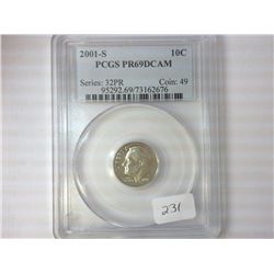 2001-S ROOSEVELT DIME PCGS PR69 DCAM