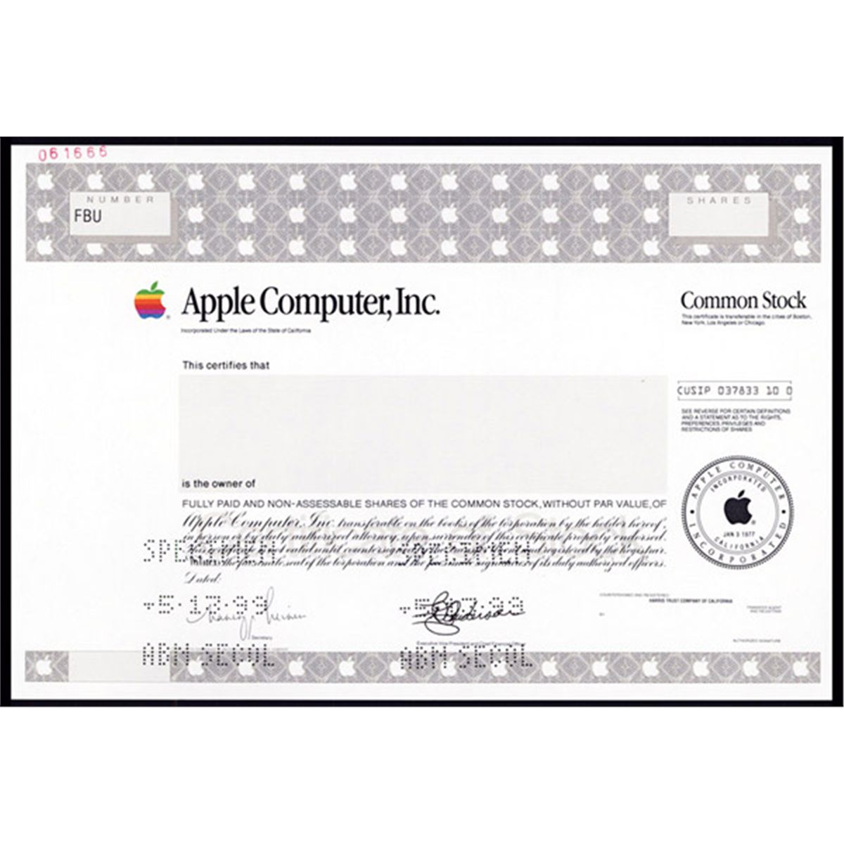 Apple Computer Inc. Specimen Stock With Anderson Facsimile Signature ...