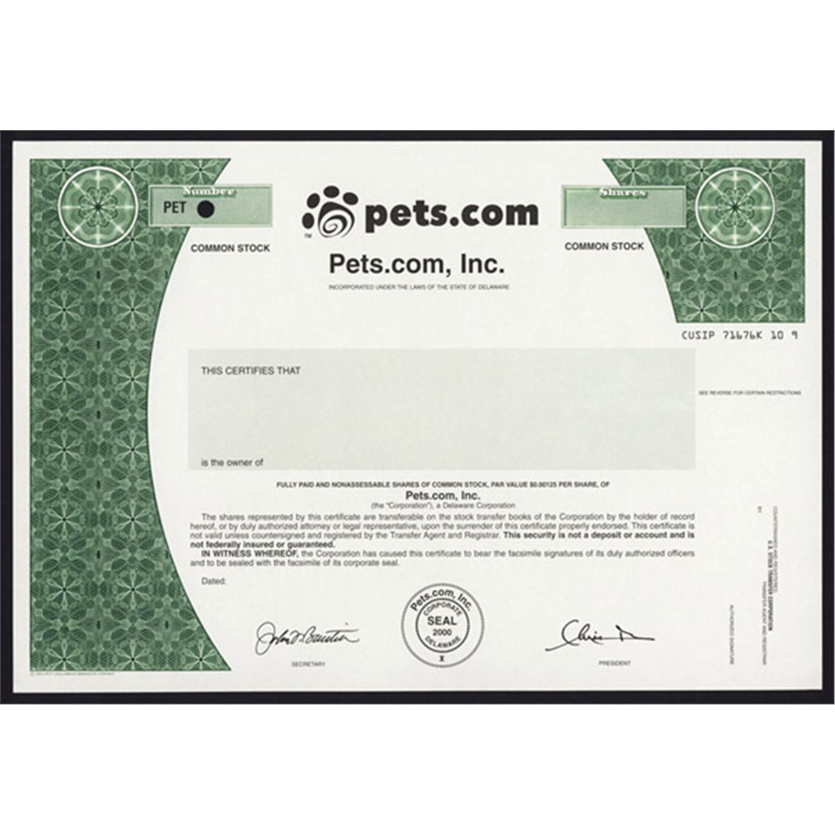 Pets.com, Inc. Specimen Stock. - Archives International Auctions