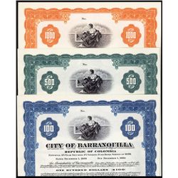 City of Barranquilla, 1939 Issue, Specimen Bond Trio.