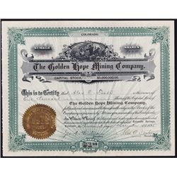 Golden Hope Mining Co., Cripple Creek Stock Certificate.