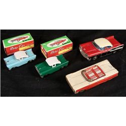 4 Vintage Japanese Tin Friction Cars Japan, China Box