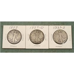 Three Walking Liberty Half Dollar Coins 1937-P D S