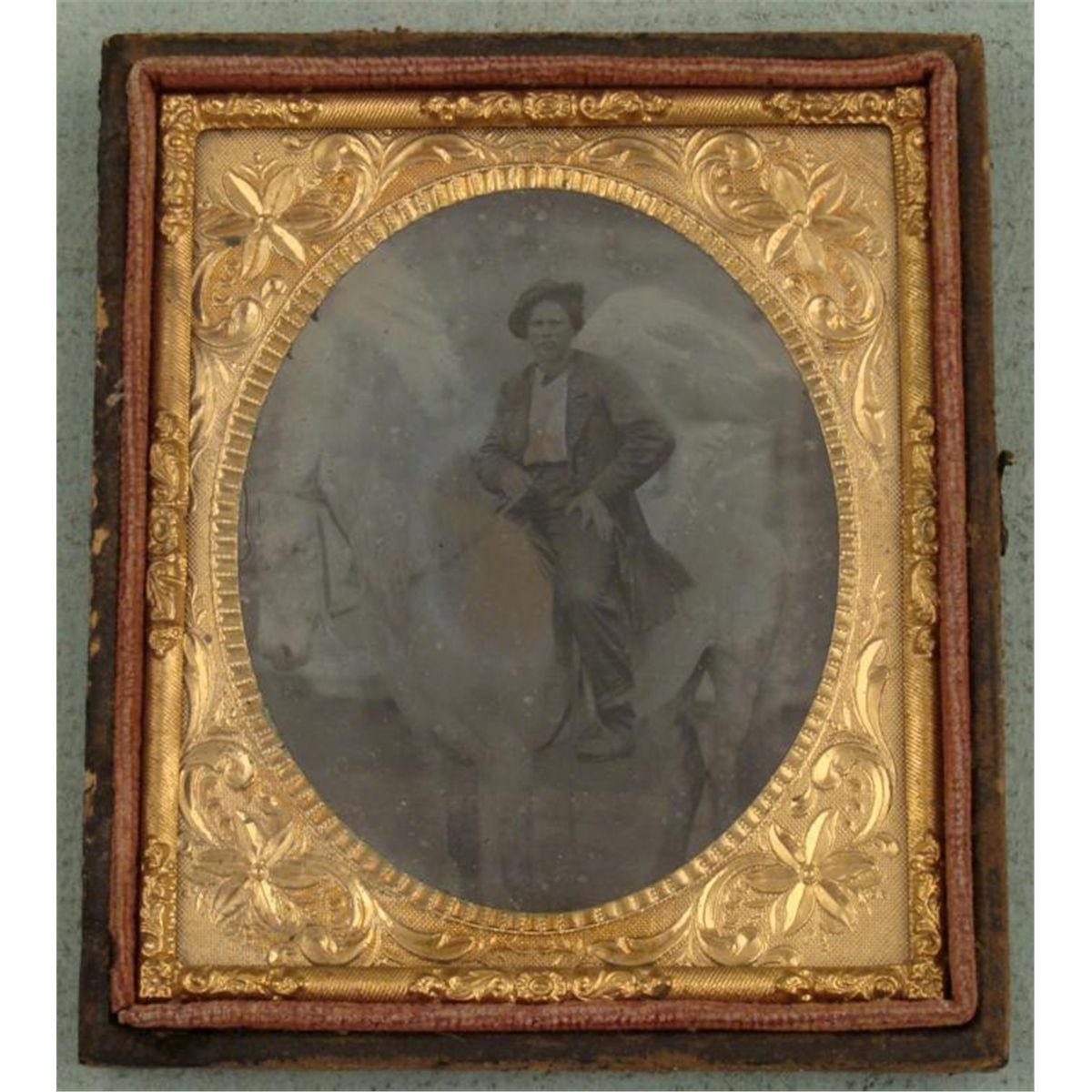 Antique Tintype Photo In Frames Man on White Horse