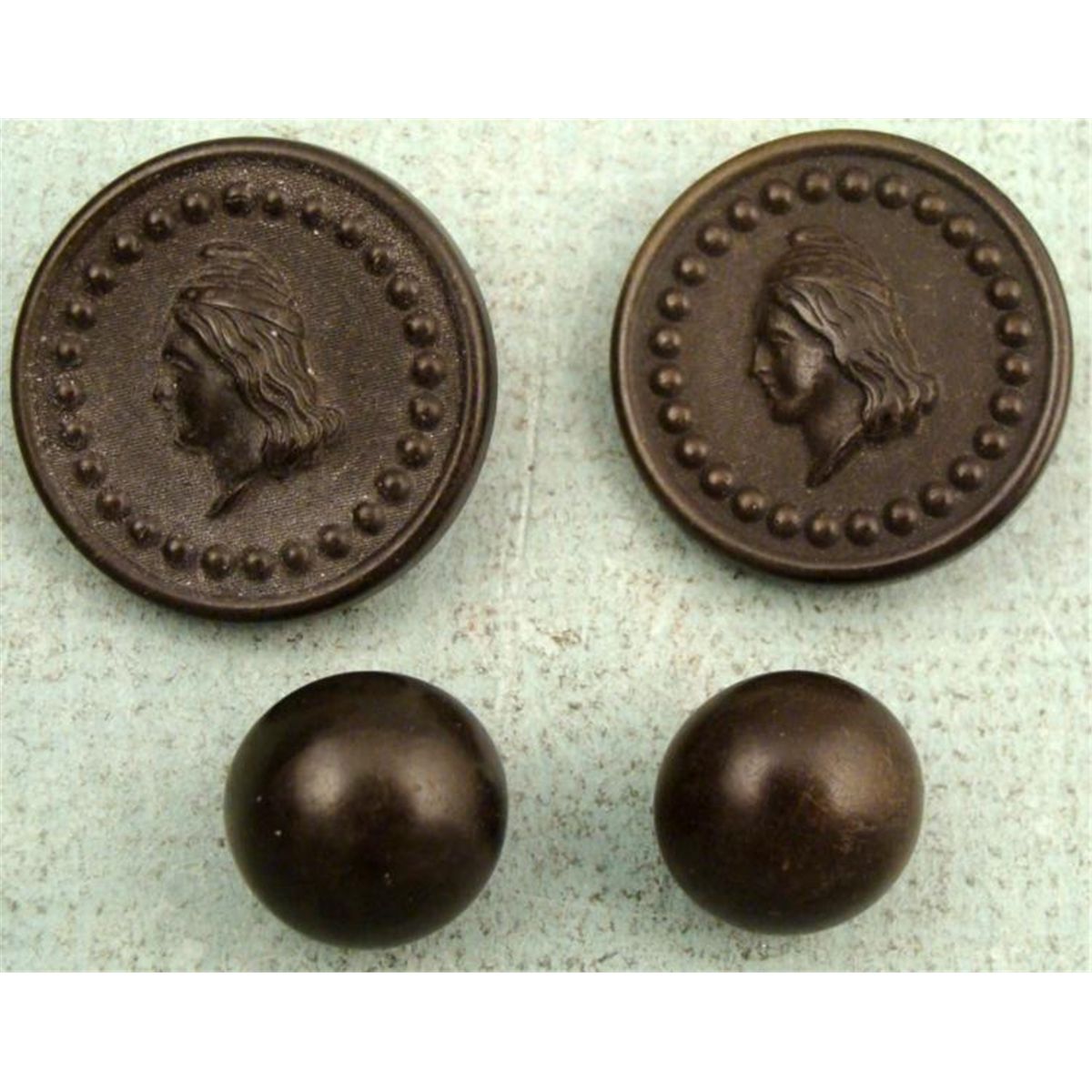 4 Goodyear PT Antique Rubber Buttons Lady Liberty