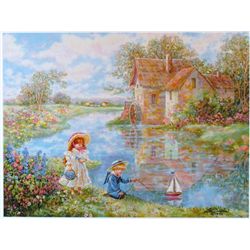 CHILDREN PLAYING COLORFUL COTTAGE SCENE SIGNED ART