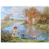 Image 1 : CHILDREN PLAYING COLORFUL COTTAGE SCENE SIGNED ART