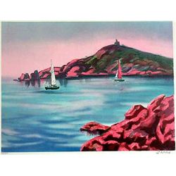 SAILING COLORFUL MOUNTAIN WATER LANDSCAPE SCENE
