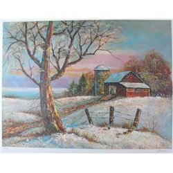 SNOW BARNYARD SCENE TRADITIONAL ART SERIGRAPH SALE